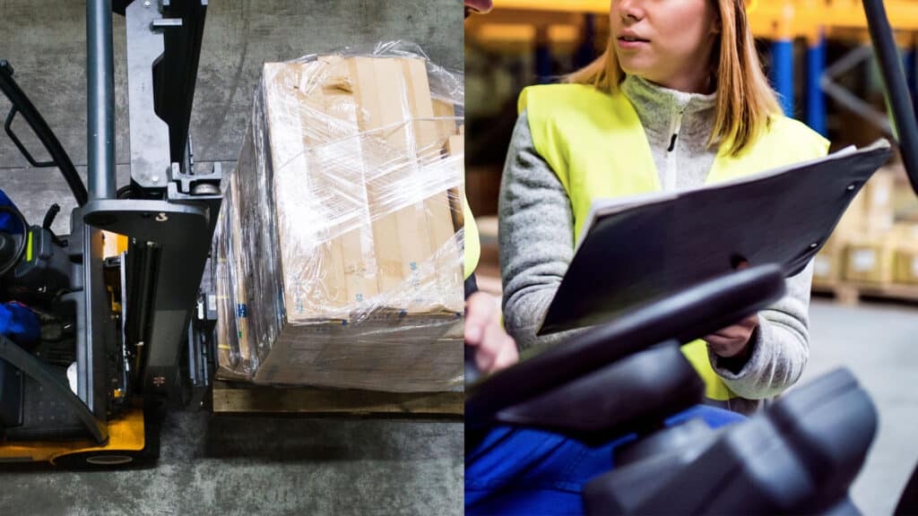 Split image of forklift moving boxes on a pallet and a woman looking at a document in a warehouse