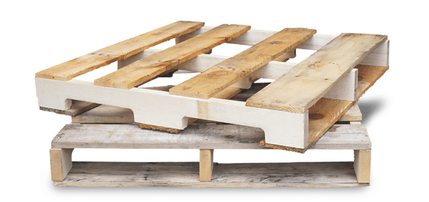 Two remanufactured wood pallets stacked on top of one another