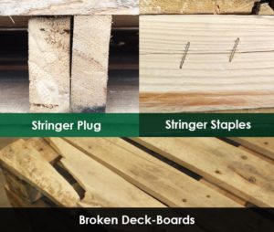 Examples of common pallet repairs including stringer plugs and broken deck-boards
