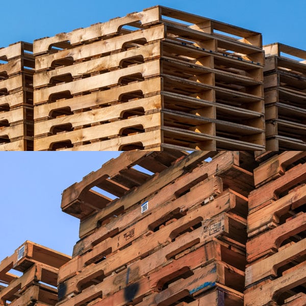 a comparison image of new wood pallets and used wood pallets
