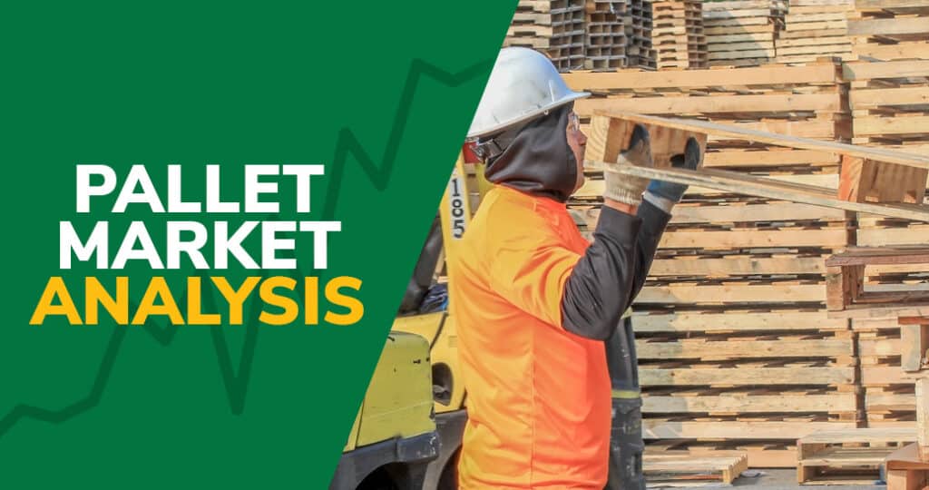 Pallet Market Analysis text next to kamps employee lifting a wooden pallet