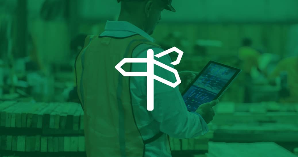 Green image of pallet plant with cross roads navigation icon in white
