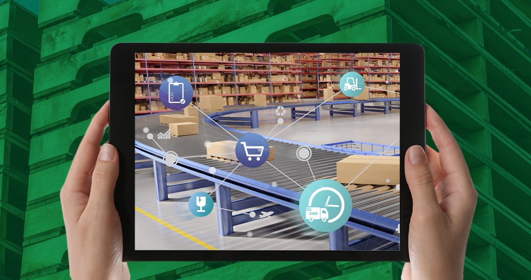 Person holding tablet with supply chain diagram and shipping boxes displayed on screen