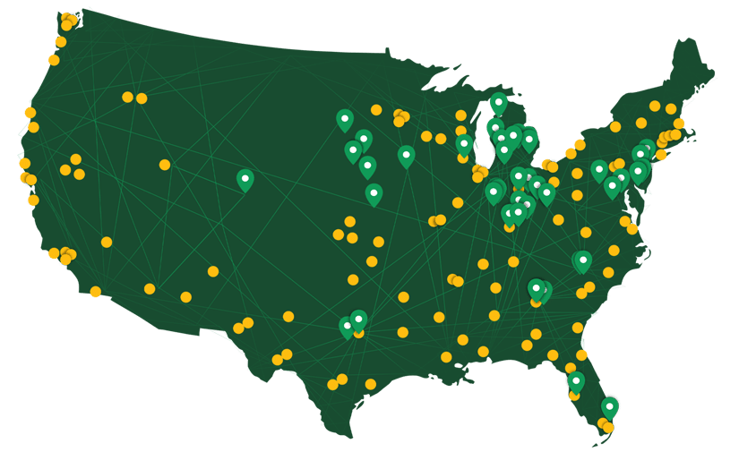 A map showing Kamps Pallets locations across the United States