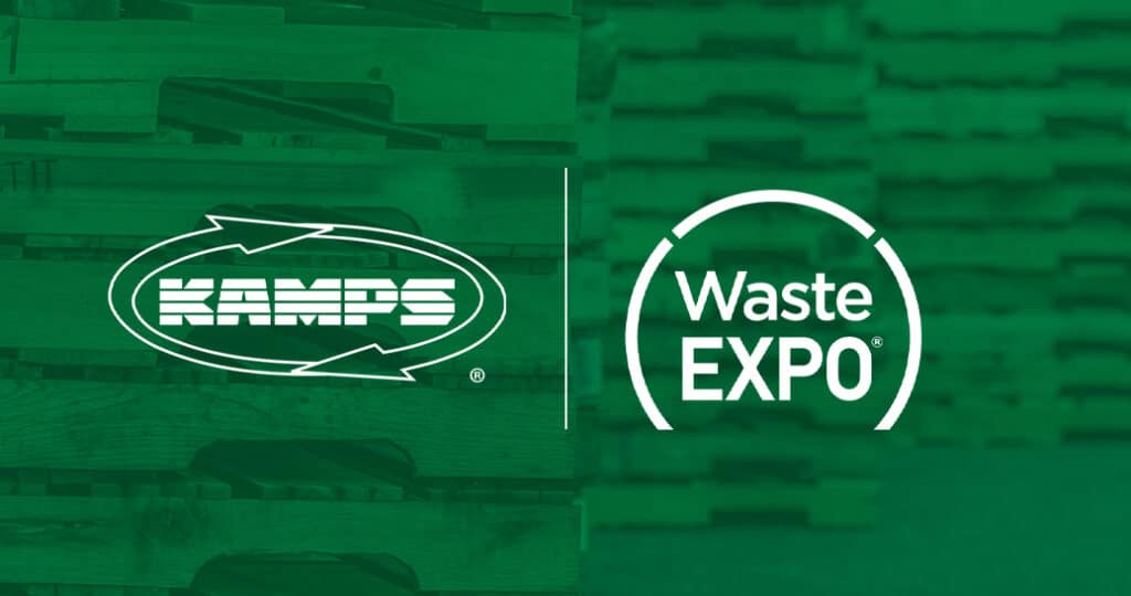 Kamps and WasteExpo Logo Together on Green Pallet Background