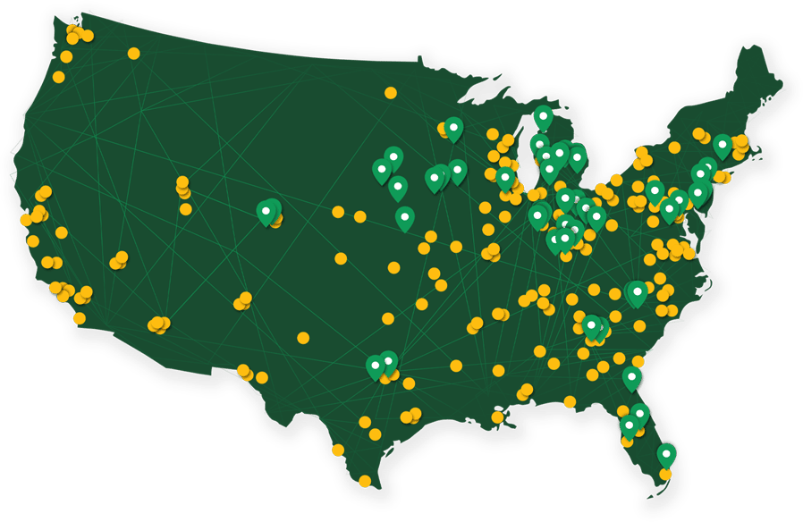 A green map showing Kamps Pallets locations across the United States