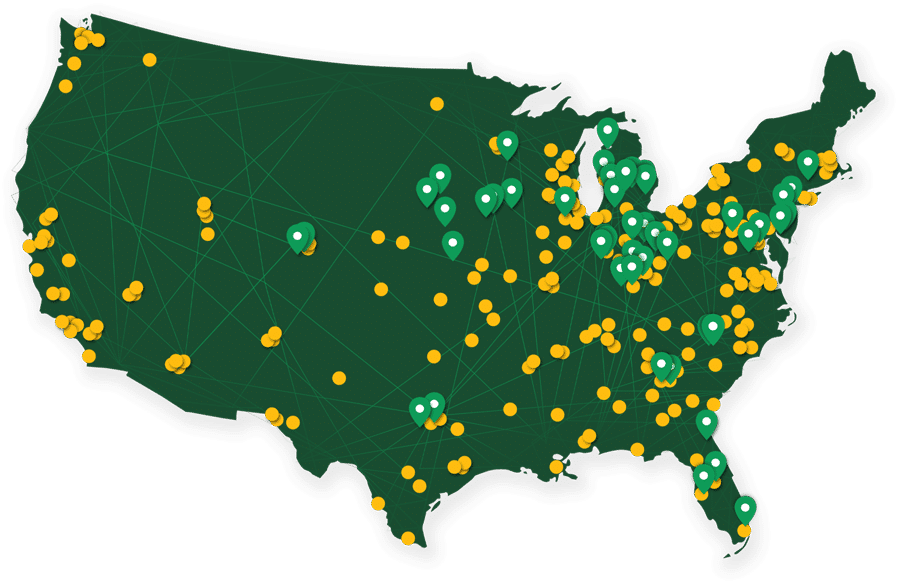 A green map showing Kamps Pallets locations across the United States