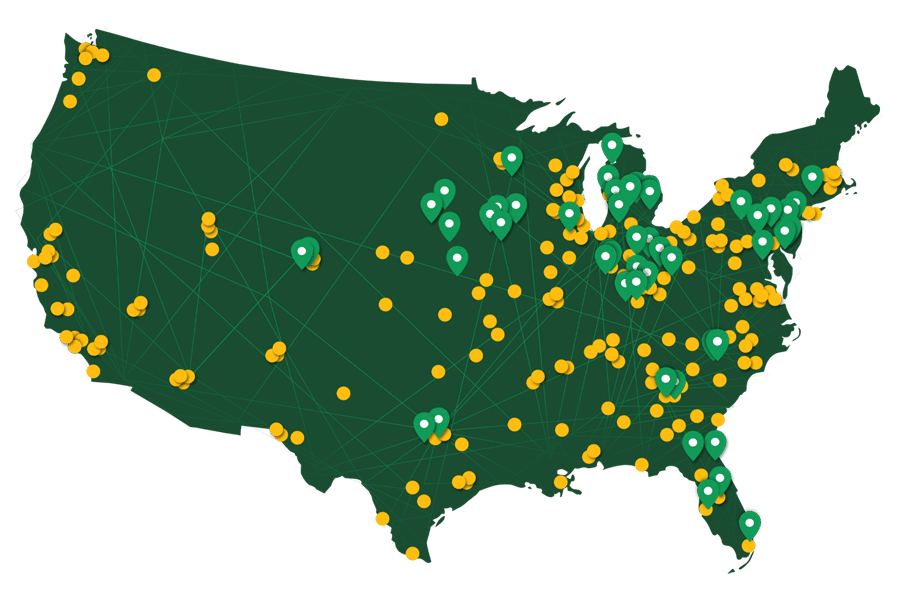 A green map showing Kamps Pallets locations across the United States