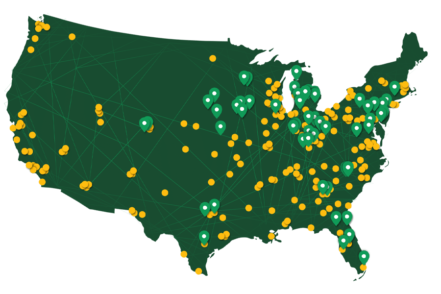 A green map showing Kamps Pallets locations across the United States.