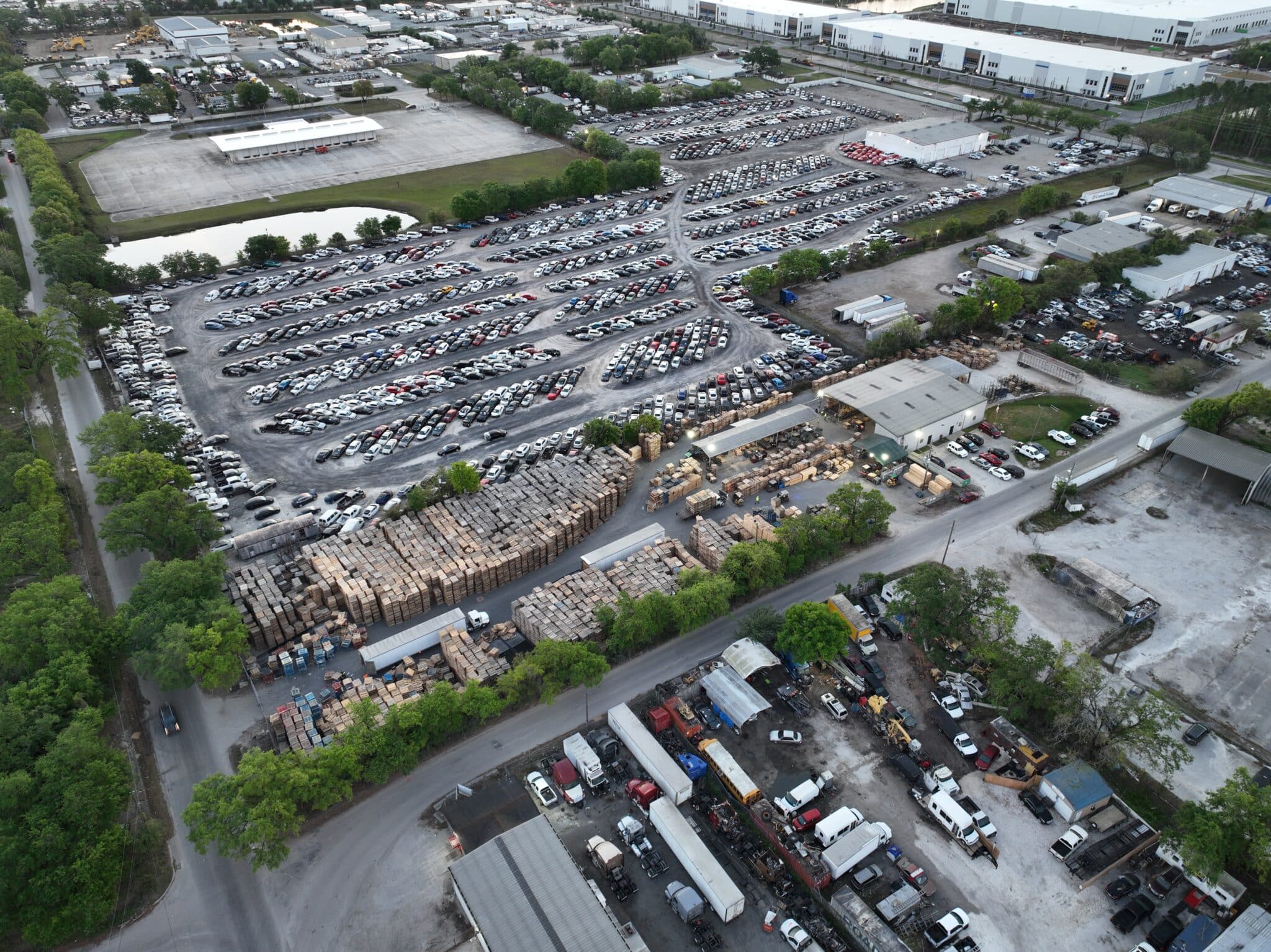 Aerial photo of the Kamps Pallets Orlando facility with many stacks of pallets