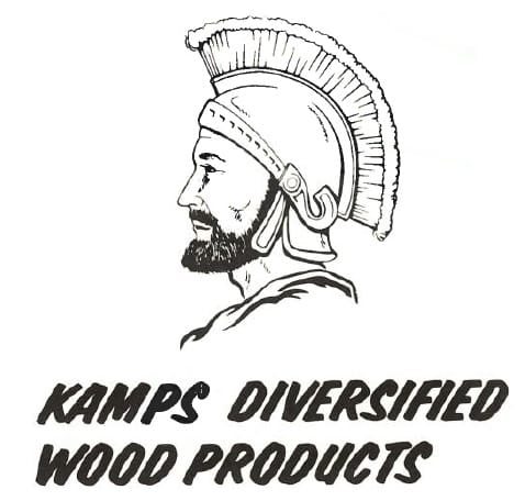 Kamps Pallets first logo which has a drawing of a spartan wearing a Corinthian helmet with text underneath that says: "Kamps Diversified Wood Products"