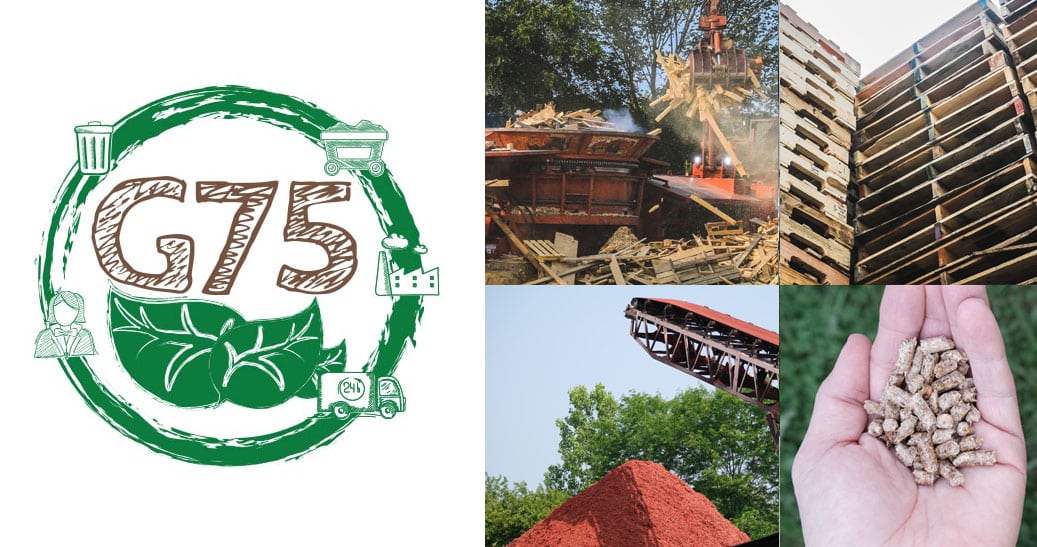 A collage of photos showing different methods Kamps recycles pallets, including a grinder, colored mulch, and wooden heating pellets.