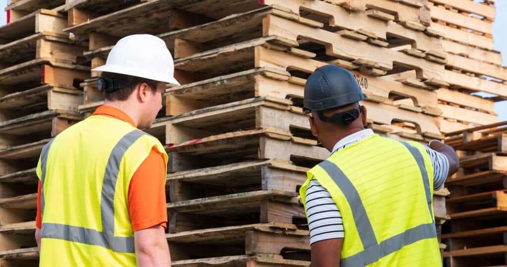 Two men working as pallet brokers with their backs turned inspecting a stack of used wooden pallets.