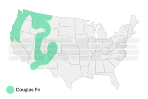 Map of United States with a region highlighted showing where Douglas Fir trees grow natively.
