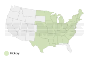 Map of United States with a region highlighted showing where Hickory trees grow natively.